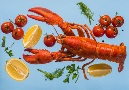 lobster flying with vegetable and fruitsの写真素材