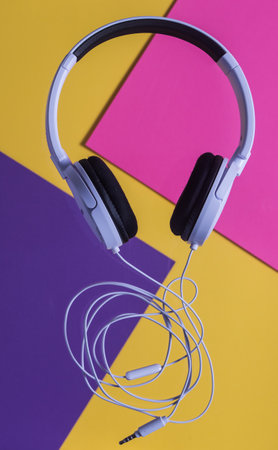 earphones on color background pop artの写真素材