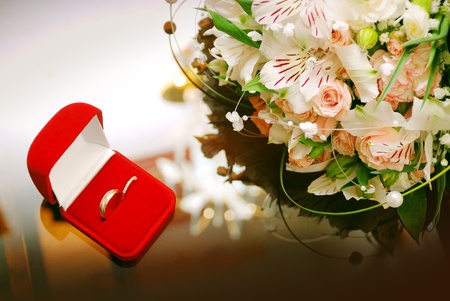 Wedding background - bouquet and rings.の写真素材
