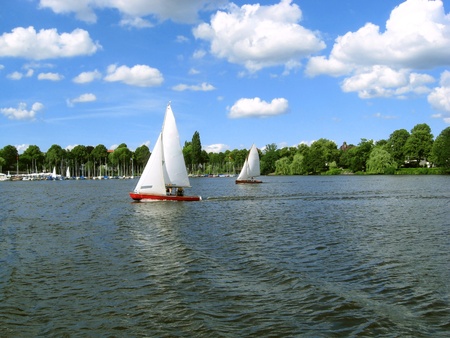 Sailboats  in the harbor of Hamburgの写真素材