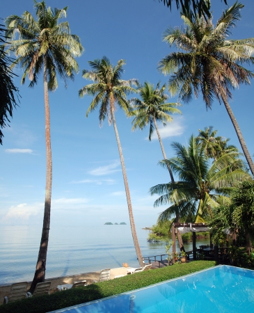 View of tropical resort swimming pool scene early in the morningのeditorial素材