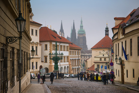 Ancient narrow streets in a historical part of the city near Prague Castle (Czech: Prazsky hrad).のeditorial素材