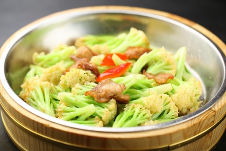 meat fried with organic cauliflowerの写真素材