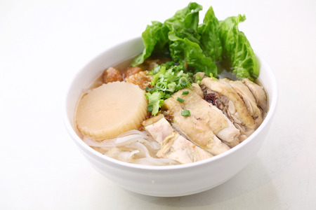 Steamed chicken noodle soup served in a bowl