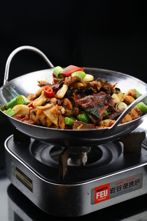 Pot with griddle duck and bullfrogのeditorial素材