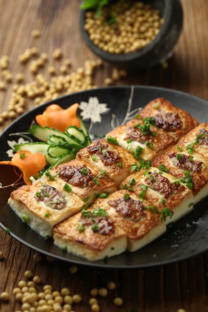 Pan fried tofu with garnish served on a plateの写真素材