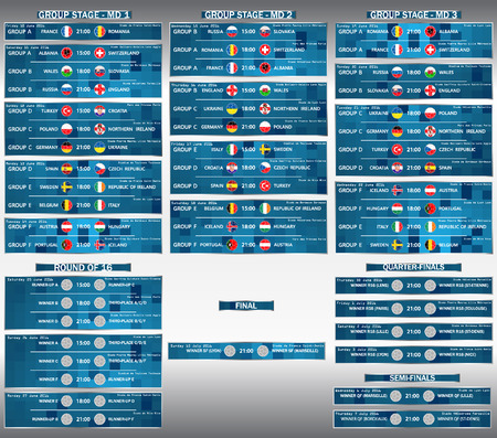 Cup EURO 2016 final match schedule. Football European Championship Soccer final qualified countries Infographic. France Europe tournament participating teams. Stadiums. Time and place of matches. Vector.のイラスト素材