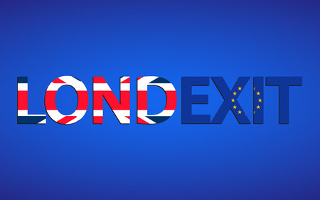 Londexit. Text of London on the British flag, Exit on the flag of Euro Union. Brexit concept. Vote for united kingdom exit. London against exit. London stays in EU. Fall of UK. Vectorのイラスト素材