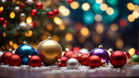 A golden and red bokeh background, sparkling with Christmas lights, decorated with Christmas balls and shimmering stars, reminiscent of a special occasion celebration.の素材