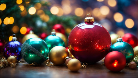 A golden and red bokeh background, sparkling with Christmas lights, decorated with Christmas balls and shimmering stars, reminiscent of a special occasion celebration.の素材