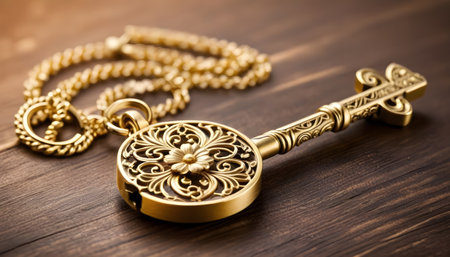 The image of a gold key is often associated with wealth, power, and access. The floral design on the key could be seen as a symbol of beauty, nature, or fertility.の素材