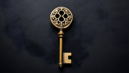 The image of a gold key is often associated with wealth, power, and access. The floral design on the key could be seen as a symbol of beauty, nature, or fertility.の素材