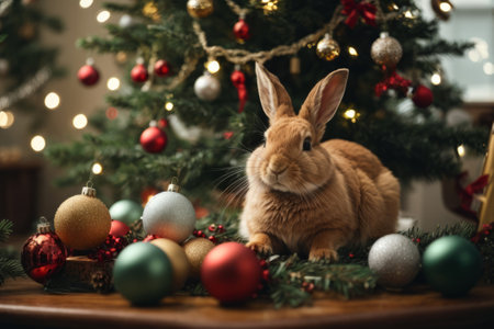 Cute fluffy bunny and Christmas decorations on table in room with Christmas treeの素材