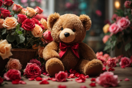 A curious teddy bear, its fluffy fur ruffled from its previous adventures, eagerly attempting to climb a bouquet of delicate roses. The scattered petals hint at the bear's playful nature.の素材