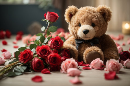 A curious teddy bear, its fluffy fur ruffled from its previous adventures, eagerly attempting to climb a bouquet of delicate roses. The scattered petals hint at the bear's playful nature.の素材