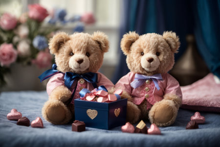 Two teddy bears with heart shaped gift box on the bed.の素材