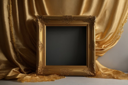 The empty picture frame is adorned with intricate golden silk threads, adding a touch of elegance and sophistication to the otherwise blank canvas.の素材