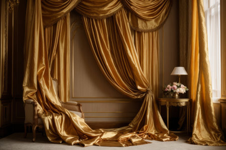 The image shows a luxurious living room with a plush velvet couch positioned under a canopy of gold curtains. The sunlight streams through the sheer curtains, casting a warm glow on the scene. The overall impression is one of opulence, grandeur, and eleganceの素材