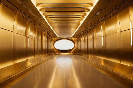 golden hallway with a round window at the end. The hallway is decorated with intricate details, including moldings, columns, and statues. The floor is made of polished marble, and the ceiling is vaulted and adorned with a fresco. The round window at the end of the hallway lets in a soft light, creating a sense of mystery and intrigue.の素材
