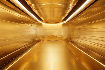 golden hallway with a round window at the end. The hallway is decorated with intricate details, including moldings, columns, and statues. The floor is made of polished marble, and the ceiling is vaulted and adorned with a fresco. The round window at the end of the hallway lets in a soft light, creating a sense of mystery and intrigue.の素材
