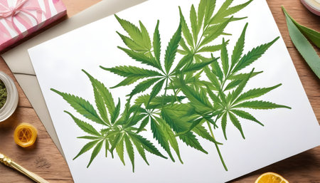 Cannabis leaf drawing on paper with gift box on wooden tableの素材
