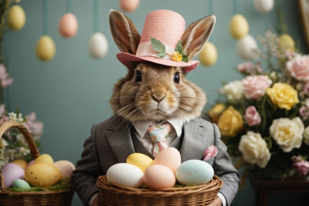 A regal rabbit, adorned in a fancy Easter bonnet and a dapper suit, standing proudly in front of a beautifully decorated Easter basket.の素材