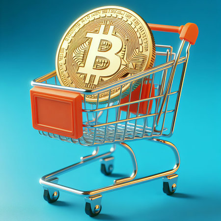 Create a 3D image of a plastic model full of bitcoin coins in a shopping cart.の素材