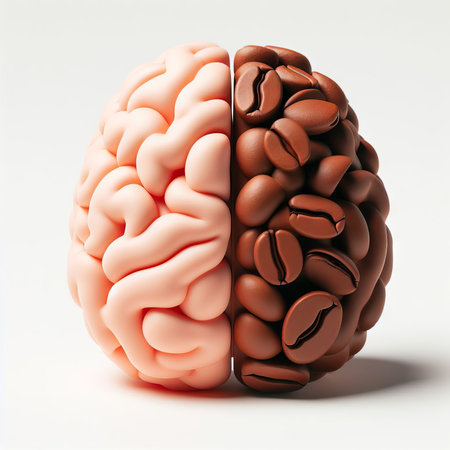 Create a 3D plastic model of a brain and coffee, the other half being a computer. The concept of coffee and brain functionの素材