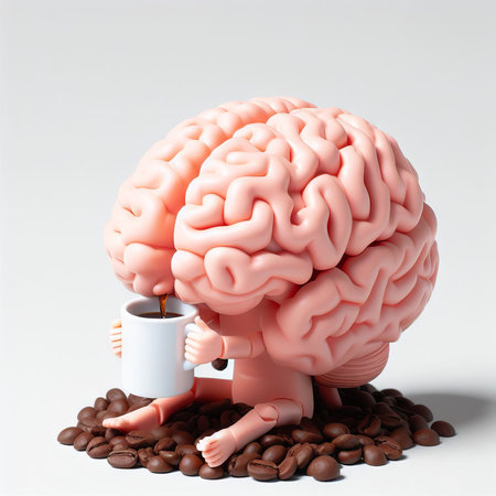 Create a 3D plastic model of a brain and coffee, the other half being a computer. The concept of coffee and brain functionの素材