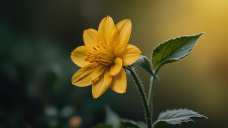 Exquisite close-up of a vibrant yellow flower, petals unfurled to reveal intricate textures. Verdant leaf curves gracefully alongside, complementing the golden warmth. Soft dreamy backdrop highlights nature's elegance, ideal for floral designs and artistic projects.の素材