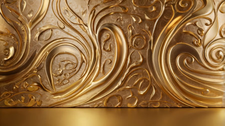 Elegant and luxurious product showcase background. Bright golden hues dominate the scene, creating a rich and opulent atmosphere. Soft, warm lighting enhances the golden glow. Abstract swirls and patterns in various shades of gold add depth and texture. The overall design is sleek and modern, perfect for displaying high-end products.の素材
