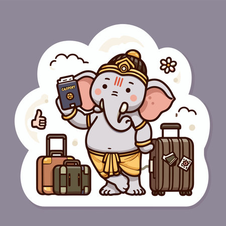 Cute sticker of Lord Ganesha, symbolizing blessings for love, wisdom, travel, career, success, health, and wealth.のイラスト素材