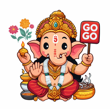 Cute sticker of Lord Ganesha, symbolizing blessings for love, wisdom, travel, career, success, health, and wealth.のイラスト素材