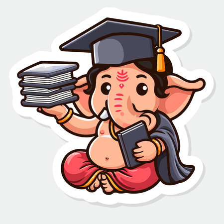 Cute sticker of Lord Ganesha, symbolizing blessings for love, wisdom, travel, career, success, health, and wealth.のイラスト素材