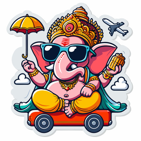 Cute sticker of Lord Ganesha, symbolizing blessings for love, wisdom, travel, career, success, health, and wealth.のイラスト素材