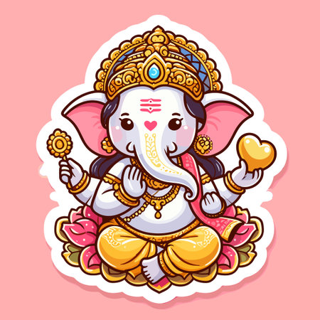 Cute sticker of Lord Ganesha, symbolizing blessings for love, wisdom, travel, career, success, health, and wealth.のイラスト素材
