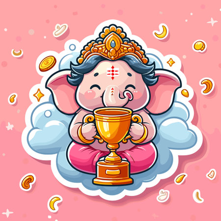 Cute sticker of Lord Ganesha, symbolizing blessings for love, wisdom, travel, career, success, health, and wealth.のイラスト素材
