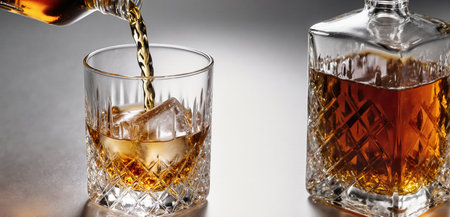 Smooth whiskey pour into an ice-filled glass with a clean white backgroundの素材