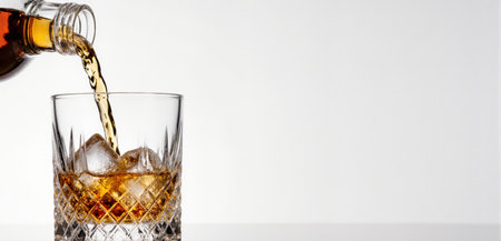 Smooth whiskey pour into an ice-filled glass with a clean white backgroundの素材