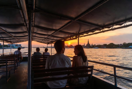 Over-the-shoulder view of foreign travelers on a Thai ferry looking toward Wat Arun at sunsetの素材
