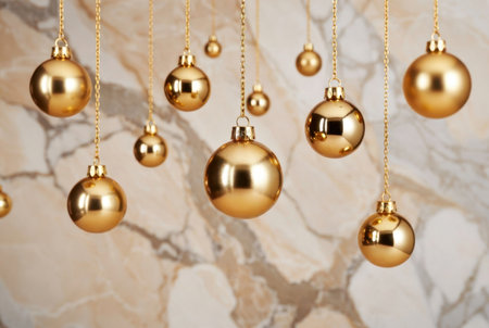 Golden ornaments with elegant depth of field over a marble background in a luxurious festive styleの素材