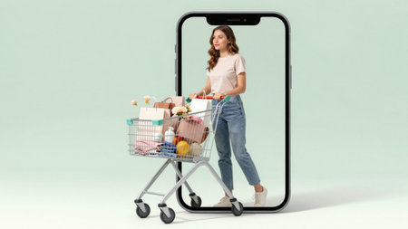 Young woman pushing shopping cart with beauty and fashion items from smartphone in online shopping conceptの素材