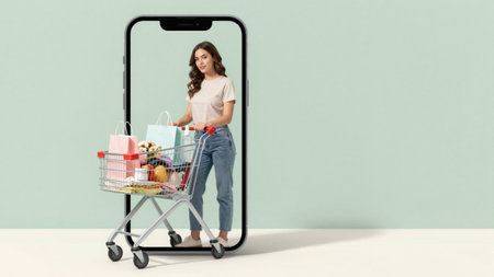 Young woman pushing shopping cart with beauty and fashion items from smartphone in online shopping conceptの素材