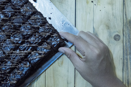 Brownies cake home made on the wooden table,visible noiseの写真素材