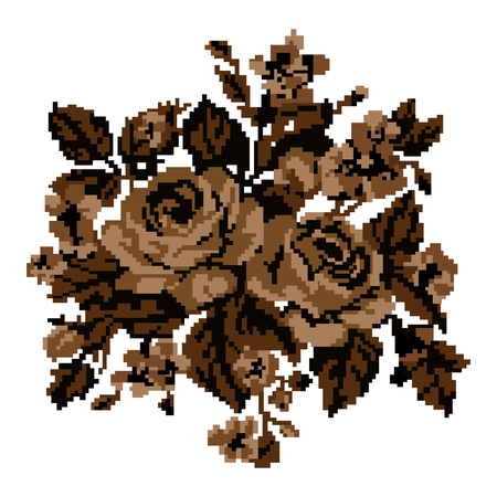 Bouquet of flowers (roses and cornflowers) using traditional Ukrainian embroidery elements. Sepia. Can be used as pixel-art.のイラスト素材