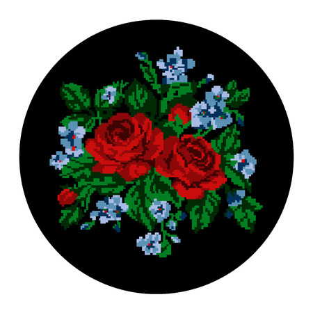 Color bouquet of flowers (roses and cornflowers)on the black background using traditional Ukrainian embroidery elements. Can be used as pixel-art, card, emblem, icon.のイラスト素材