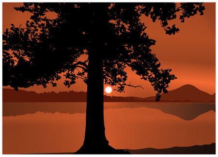 Image landscape. Silhouette of tree on the background of sunset and panorama of mountains. Sepia.のイラスト素材