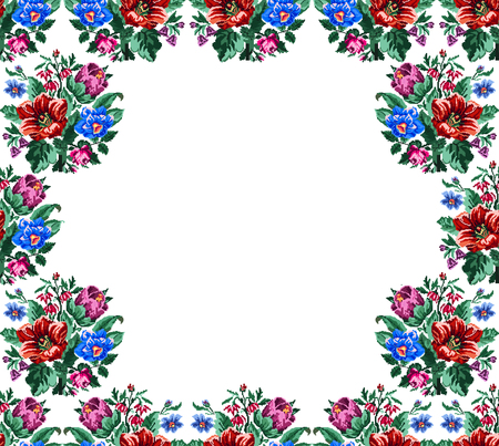 Color bouquet of wildflowers (lilia, bellflower, barberry flower and cornflowers)  on borders using traditional Ukrainian embroidery elements. Place for text. Can be used as pixel-art.のイラスト素材