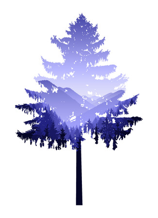 Natural silhouette of coniferous tree with panorama of  mountains. Blue and violet tones.のイラスト素材
