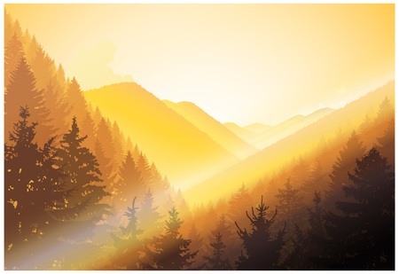 Landscape. Panorama of mountains. Yellow tones. Autumn. Rays of lights.のイラスト素材